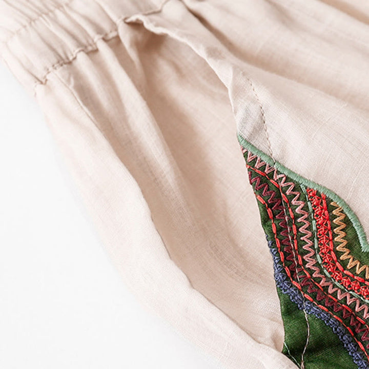 Pantalones anchos de lino y algodón de doble capa con bordado de Buddha Stones para mujer, con bolsillos