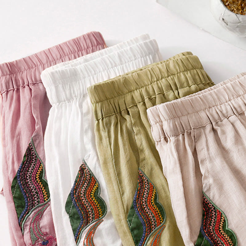 Pantalones anchos de lino y algodón de doble capa con bordado de Buddha Stones para mujer, con bolsillos