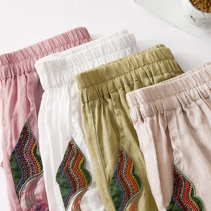 Pantalones anchos de lino y algodón de doble capa con bordado de Buddha Stones para mujer, con bolsillos