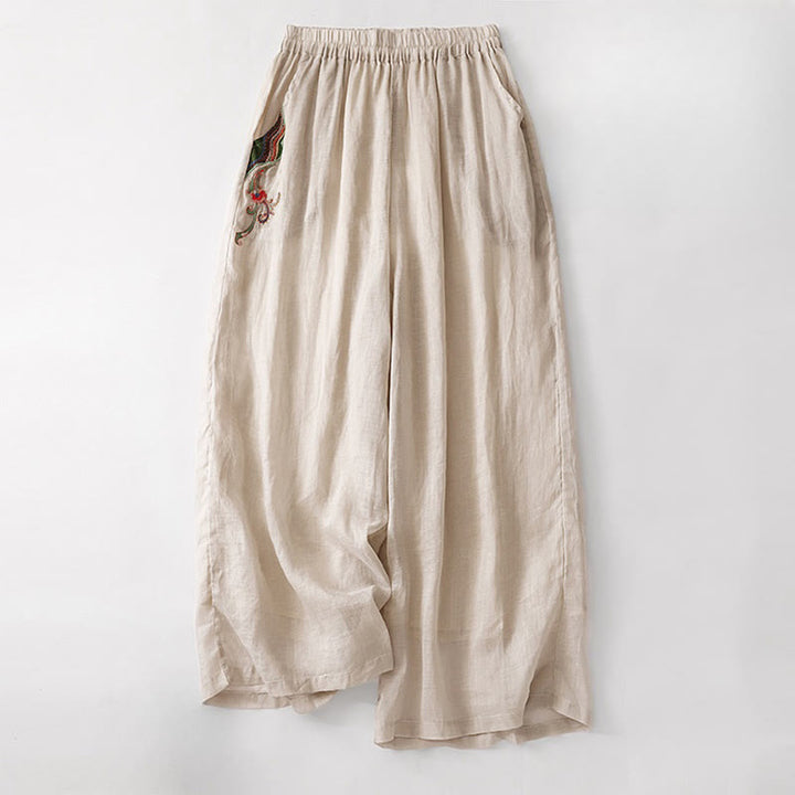 Pantalones anchos de lino y algodón de doble capa con bordado de Buddha Stones para mujer, con bolsillos