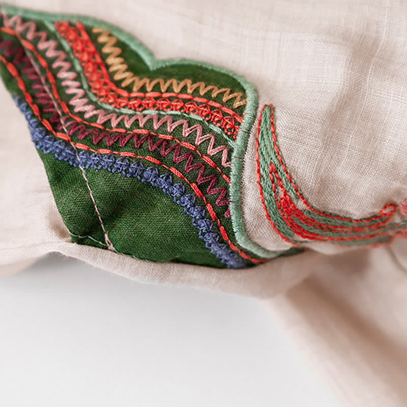 Pantalones anchos de lino y algodón de doble capa con bordado de Buddha Stones para mujer, con bolsillos