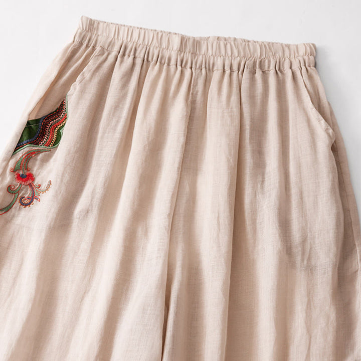 Pantalones anchos de lino y algodón de doble capa con bordado de Buddha Stones para mujer, con bolsillos