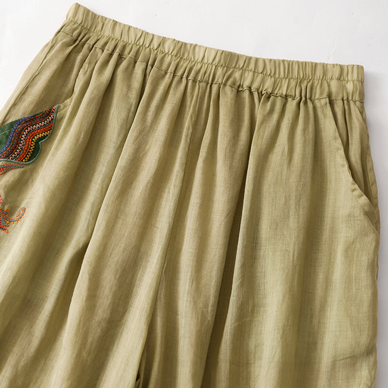 Pantalones anchos de lino y algodón de doble capa con bordado de Buddha Stones para mujer, con bolsillos