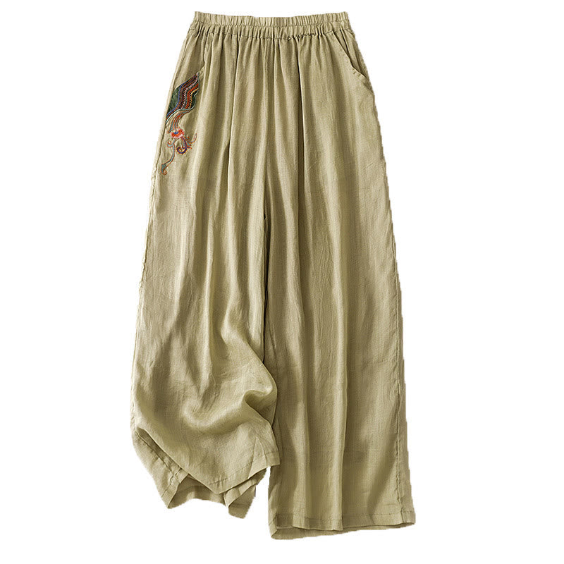 Pantalones anchos de lino y algodón de doble capa con bordado de Buddha Stones para mujer, con bolsillos