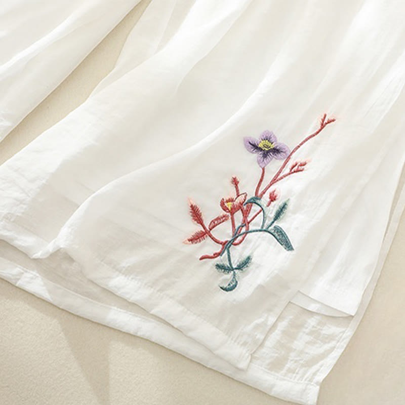 Pantalones anchos de lino y algodón con abertura y botones de rana china de doble capa con bordado artístico de flores y Buddha Stones para mujer