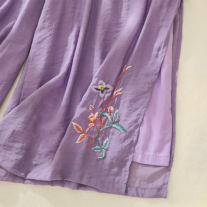 Pantalones anchos de lino y algodón con abertura y botones de rana china de doble capa con bordado artístico de flores y Buddha Stones para mujer