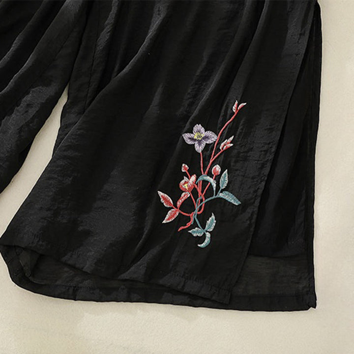 Pantalones anchos de lino y algodón con abertura y botones de rana china de doble capa con bordado artístico de flores y Buddha Stones para mujer