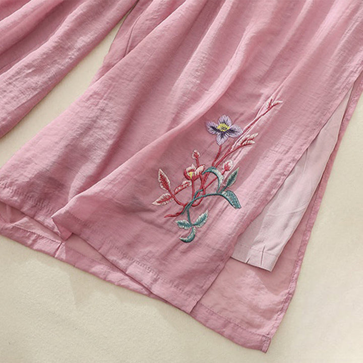 Pantalones de mujer de pierna ancha con bordado artístico de Buddha Stones, flores, doble capa, botones chinos y abertura. - image 2