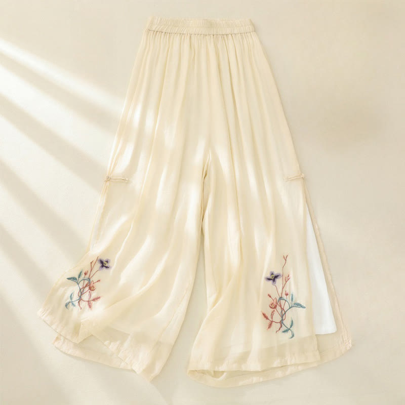 Pantalones de mujer de pierna ancha con bordado artístico de Buddha Stones, flores, doble capa, botones chinos y abertura. - Amarillo dorado claro - US8-10，UK/AU12-14，EU40-42 (2XL) - image 6