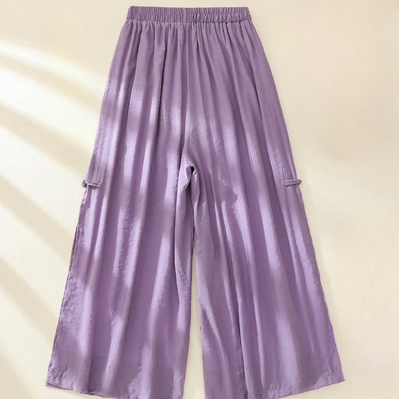 Pantalones de mujer de pierna ancha con bordado artístico de Buddha Stones, flores, doble capa, botones chinos y abertura. - image 11