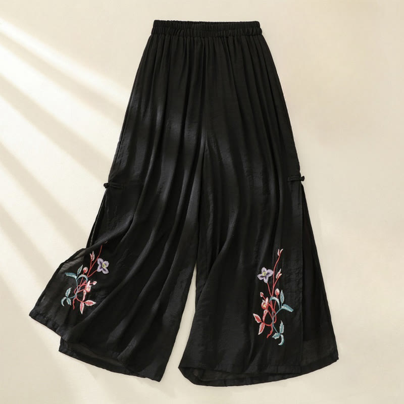 Pantalones de mujer de pierna ancha con bordado artístico de Buddha Stones, flores, doble capa, botones chinos y abertura. - Negro - US8-10，UK/AU12-14，EU40-42 (2XL) - image 14