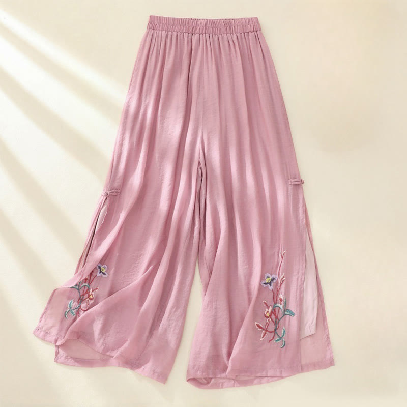 Pantalones de mujer de pierna ancha con bordado artístico de Buddha Stones, flores, doble capa, botones chinos y abertura. - Rojo violeta pálido - US8-10，UK/AU12-14，EU40-42 (2XL) - image 0