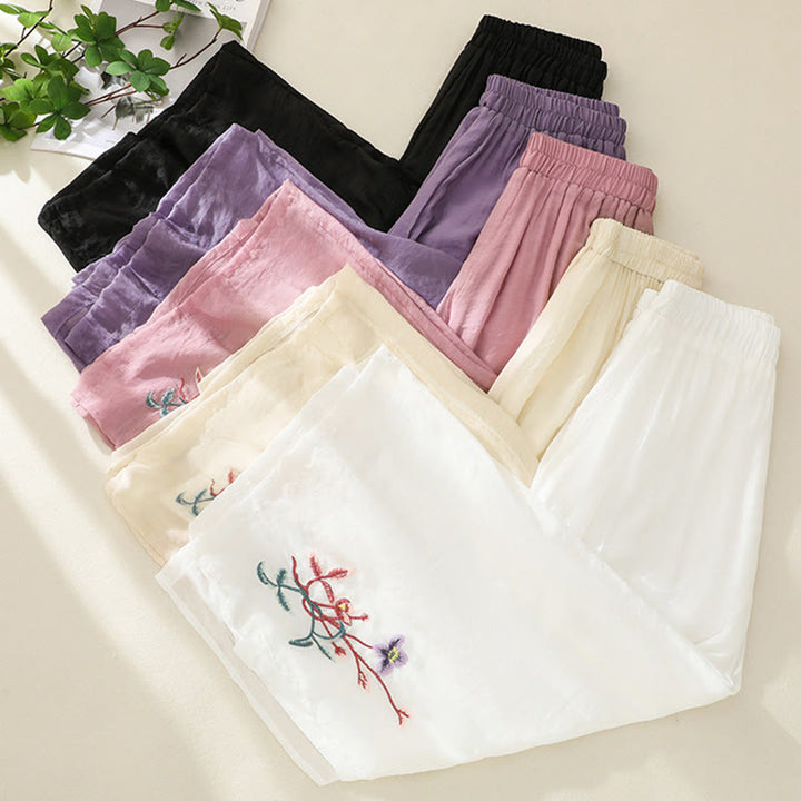 Pantalones anchos de lino y algodón con abertura y botones de rana china de doble capa con bordado artístico de flores y Buddha Stones para mujer