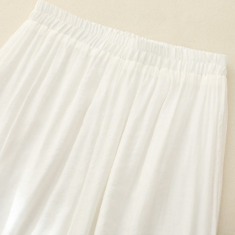 Pantalones anchos de lino y algodón con abertura y botones de rana china de doble capa con bordado artístico de flores y Buddha Stones para mujer