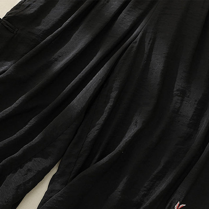 Pantalones anchos de lino y algodón con abertura y botones de rana china de doble capa con bordado artístico de flores y Buddha Stones para mujer