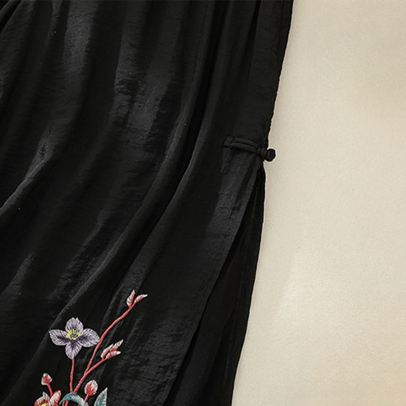 Pantalones anchos de lino y algodón con abertura y botones de rana china de doble capa con bordado artístico de flores y Buddha Stones para mujer