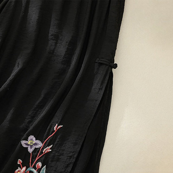 Pantalones anchos de lino y algodón con abertura y botones de rana china de doble capa con bordado artístico de flores y Buddha Stones para mujer