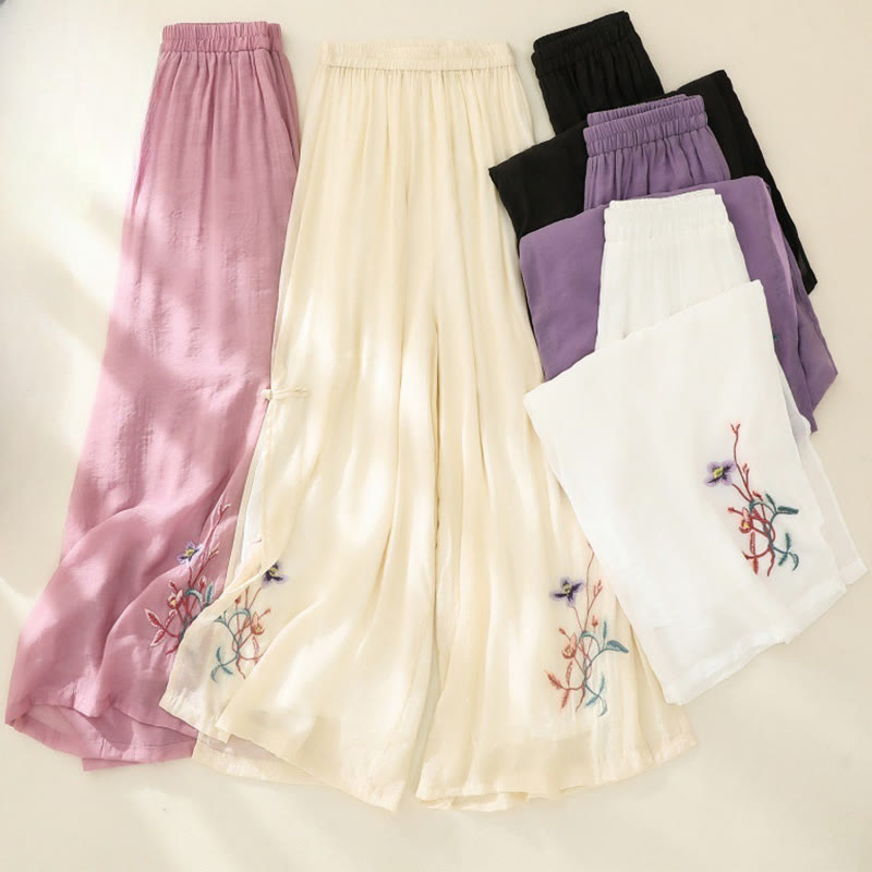 Pantalones anchos de lino y algodón con abertura y botones de rana china de doble capa con bordado artístico de flores y Buddha Stones para mujer
