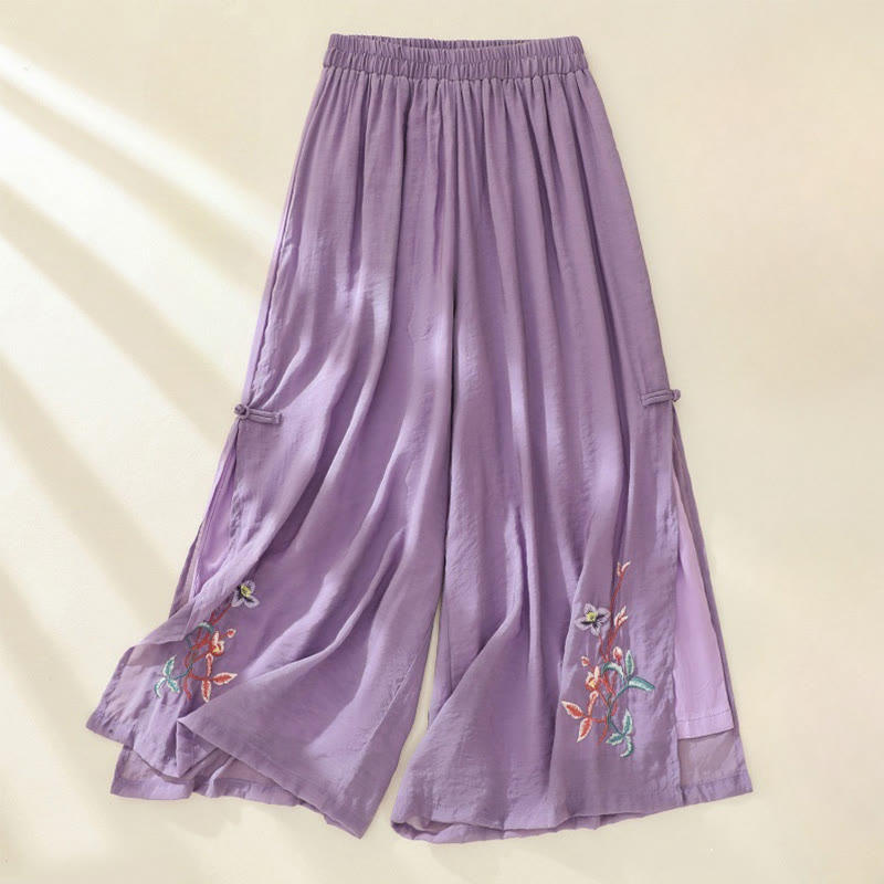 Pantalones anchos de lino y algodón con abertura y botones de rana china de doble capa con bordado artístico de flores y Buddha Stones para mujer
