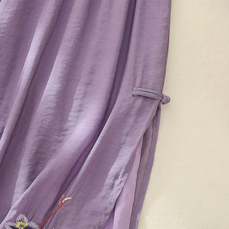 Pantalones anchos de lino y algodón con abertura y botones de rana china de doble capa con bordado artístico de flores y Buddha Stones para mujer