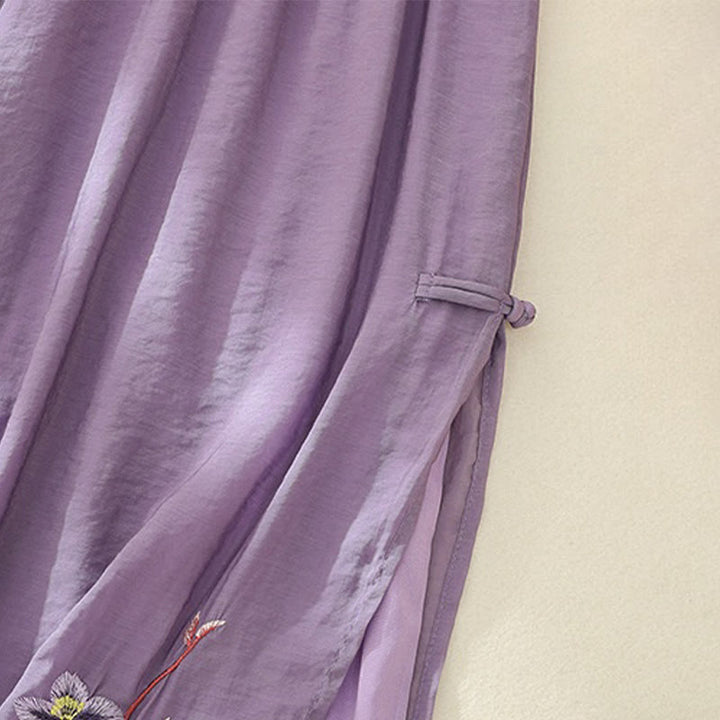 Pantalones anchos de lino y algodón con abertura y botones de rana china de doble capa con bordado artístico de flores y Buddha Stones para mujer