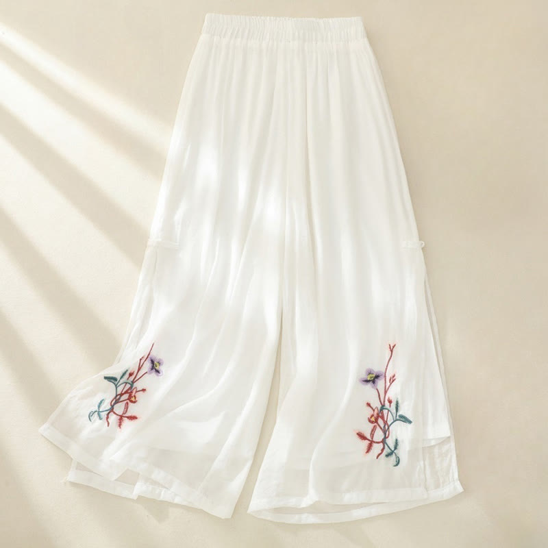 Pantalones de mujer de pierna ancha con bordado artístico de Buddha Stones, flores, doble capa, botones chinos y abertura. - Blanco - US8-10，UK/AU12-14，EU40-42 (2XL) - image 3