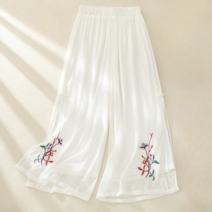 Pantalones de mujer de pierna ancha con bordado artístico de Buddha Stones, flores, doble capa, botones chinos y abertura. - Blanco - US8-10，UK/AU12-14，EU40-42 (2XL) - image 3