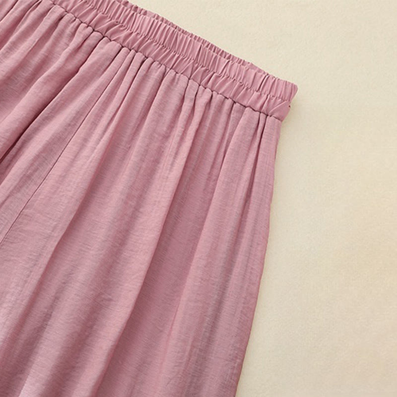 Pantalones anchos de lino y algodón con abertura y botones de rana china de doble capa con bordado artístico de flores y Buddha Stones para mujer