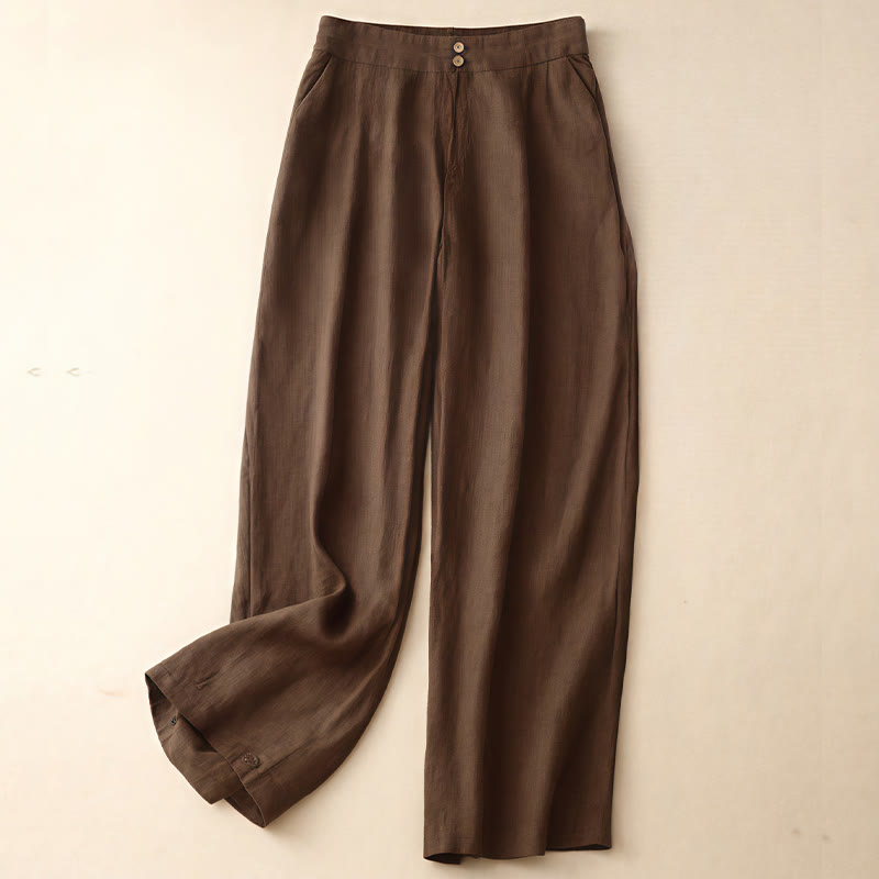 Pantalones anchos de lino con diseño sencillo e informal de verano para mujer con bolsillos con cremallera de Buddha Stones - SaddleBrown - US8-10，UK/AU12-14，EU40-42 (2XL) - image 62