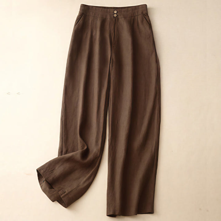 Pantalones anchos de lino con diseño sencillo e informal de verano para mujer con bolsillos con cremallera de Buddha Stones - SaddleBrown - US8-10，UK/AU12-14，EU40-42 (2XL) - image 62