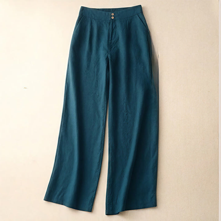 Pantalones anchos de lino con diseño sencillo e informal de verano para mujer con bolsillos con cremallera de Buddha Stones - Verde azulado - US8-10，UK/AU12-14，EU40-42 (2XL) - image 1
