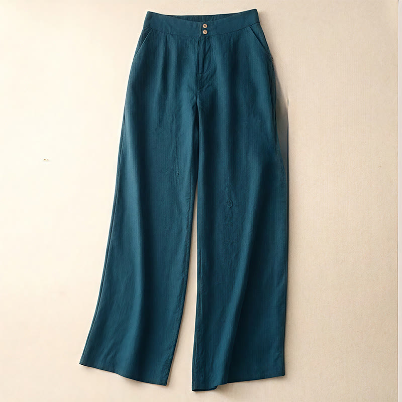 Pantalones de lino de pierna ancha para mujer con bolsillos, diseño sencillo y cremallera, estampado Buddha Stones, ideales para el verano. - Verde azulado - US8-10，UK/AU12-14，EU40-42 (2XL) - image 0