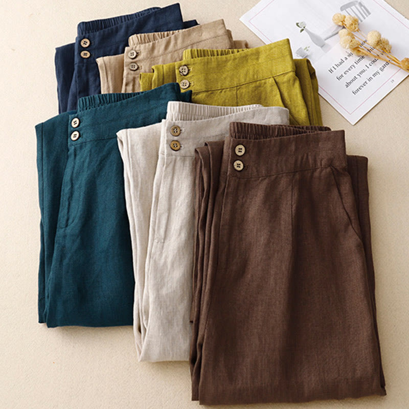 Pantalones anchos de lino con diseño sencillo e informal de verano para mujer con bolsillos con cremallera de Buddha Stones - image 67