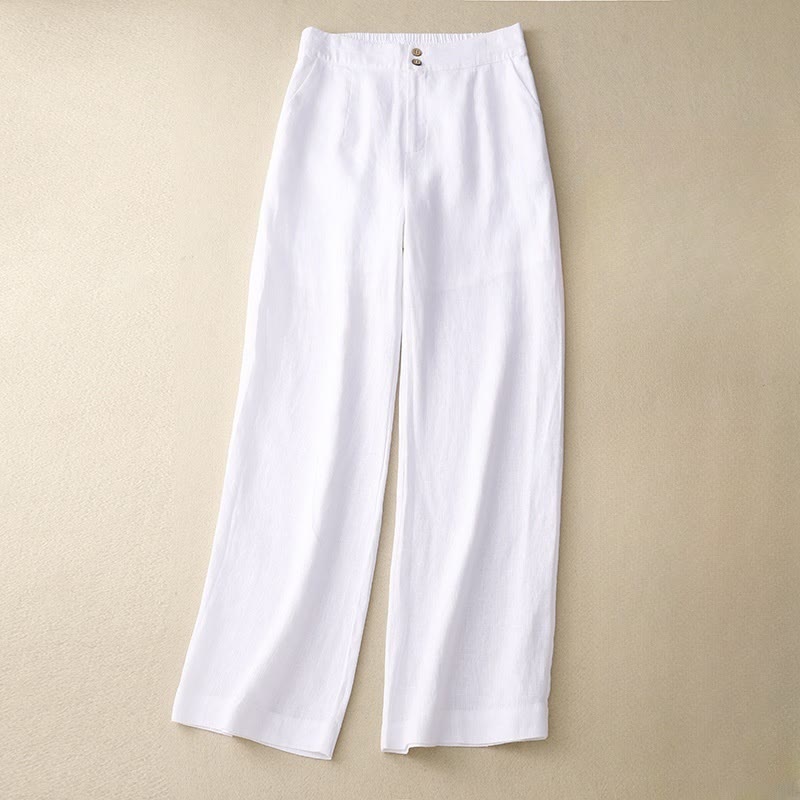 Pantalones anchos de lino con diseño sencillo e informal de verano para mujer con bolsillos con cremallera de Buddha Stones - Blanco - US8-10，UK/AU12-14，EU40-42 (2XL) - image 6