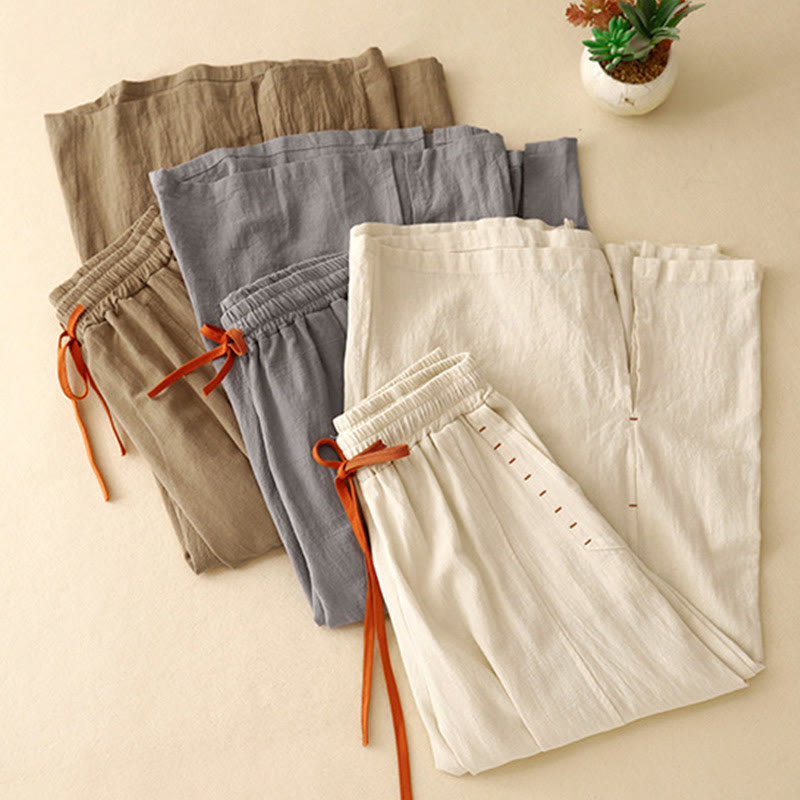 Pantalones de lino y algodón con diseño sencillo e informal de Buddha Stones para mujer, con aberturas laterales y bolsillos. - image 21