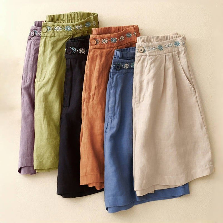 Pantalones cortos de lino y algodón con bolsillos para mujer, informales , de verano, con bordado floral, plisados, con cremallera y botones