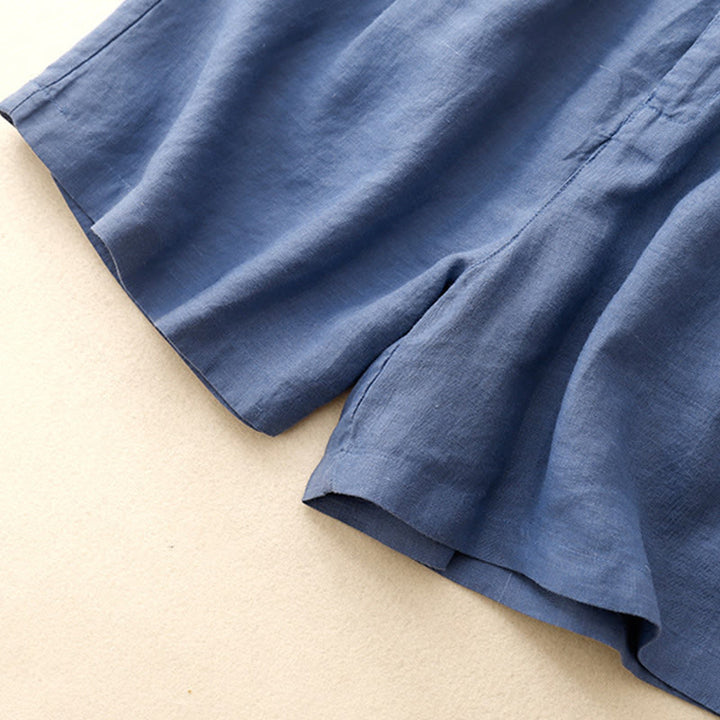 Pantalones cortos de lino y algodón con bolsillos para mujer, informales , de verano, con bordado floral, plisados, con cremallera y botones