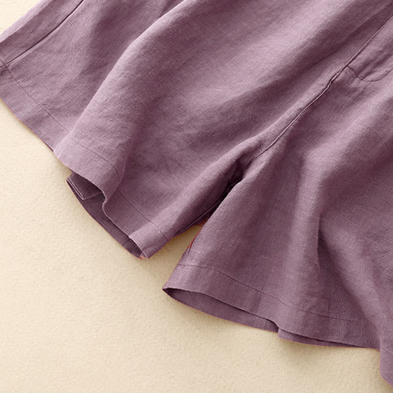 Pantalones cortos de lino y algodón con bolsillos para mujer, informales , de verano, con bordado floral, plisados, con cremallera y botones