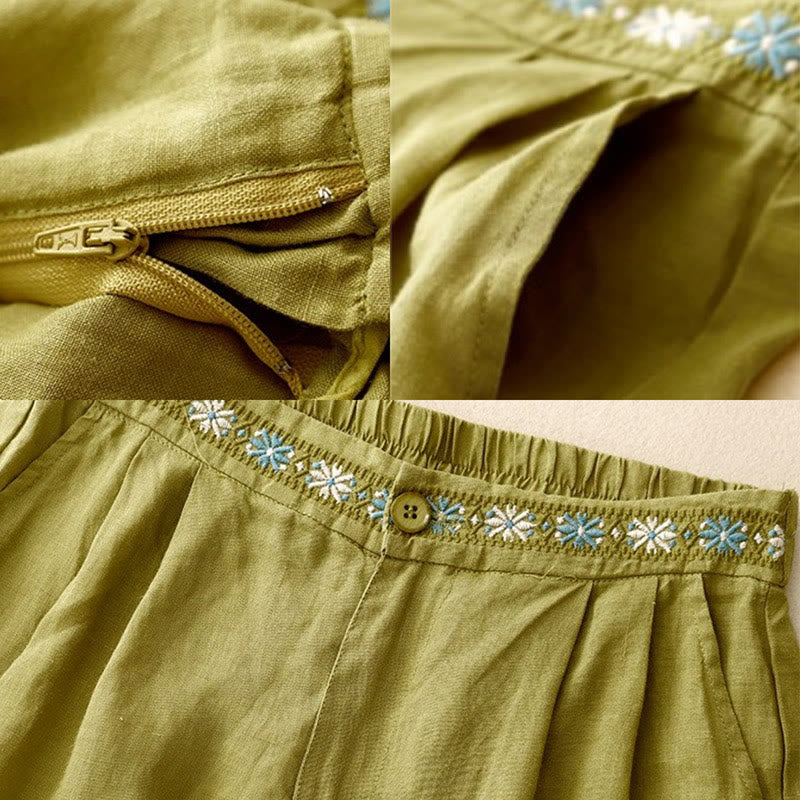 Pantalones cortos de lino y algodón con bolsillos para mujer, informales , de verano, con bordado floral, plisados, con cremallera y botones