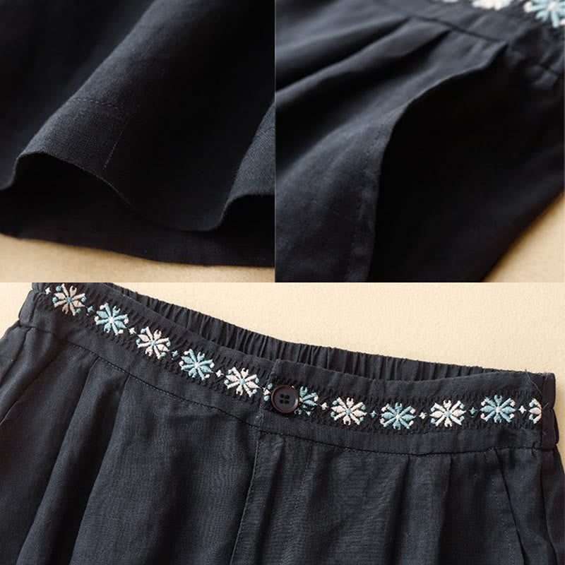 Pantalones cortos de lino y algodón con bolsillos para mujer, informales , de verano, con bordado floral, plisados, con cremallera y botones