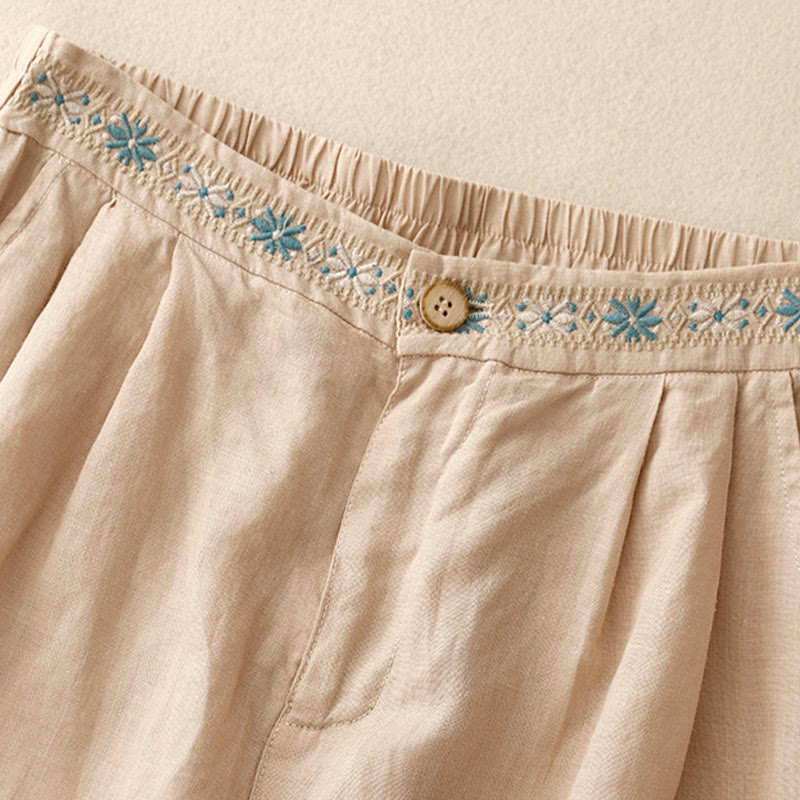 Pantalones cortos de lino y algodón con bolsillos para mujer, informales , de verano, con bordado floral, plisados, con cremallera y botones