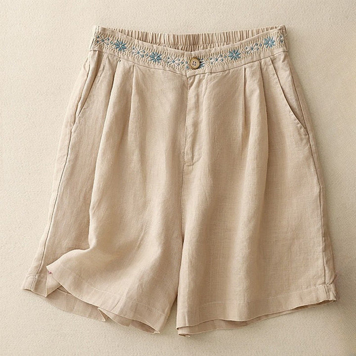 Pantalones cortos de lino y algodón con bolsillos para mujer, informales , de verano, con bordado floral, plisados, con cremallera y botones