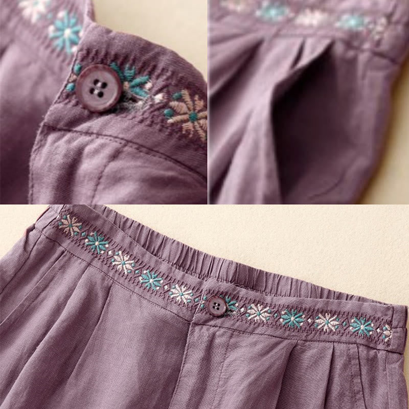 Pantalones cortos de lino y algodón con bolsillos para mujer, informales , de verano, con bordado floral, plisados, con cremallera y botones
