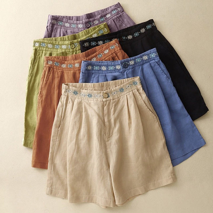 Pantalones cortos de lino y algodón con bolsillos para mujer, informales , de verano, con bordado floral, plisados, con cremallera y botones