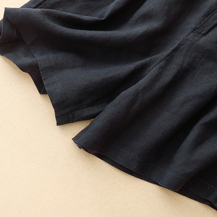 Pantalones cortos de lino y algodón con bolsillos para mujer, informales , de verano, con bordado floral, plisados, con cremallera y botones - image 21