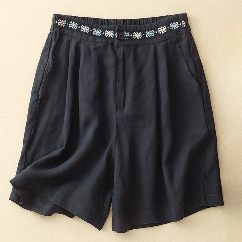 Pantalones cortos de lino y algodón con bolsillos para mujer, informales , de verano, con bordado floral, plisados, con cremallera y botones