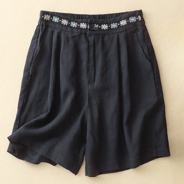 Pantalones cortos de lino y algodón con bolsillos para mujer, informales , de verano, con bordado floral, plisados, con cremallera y botones
