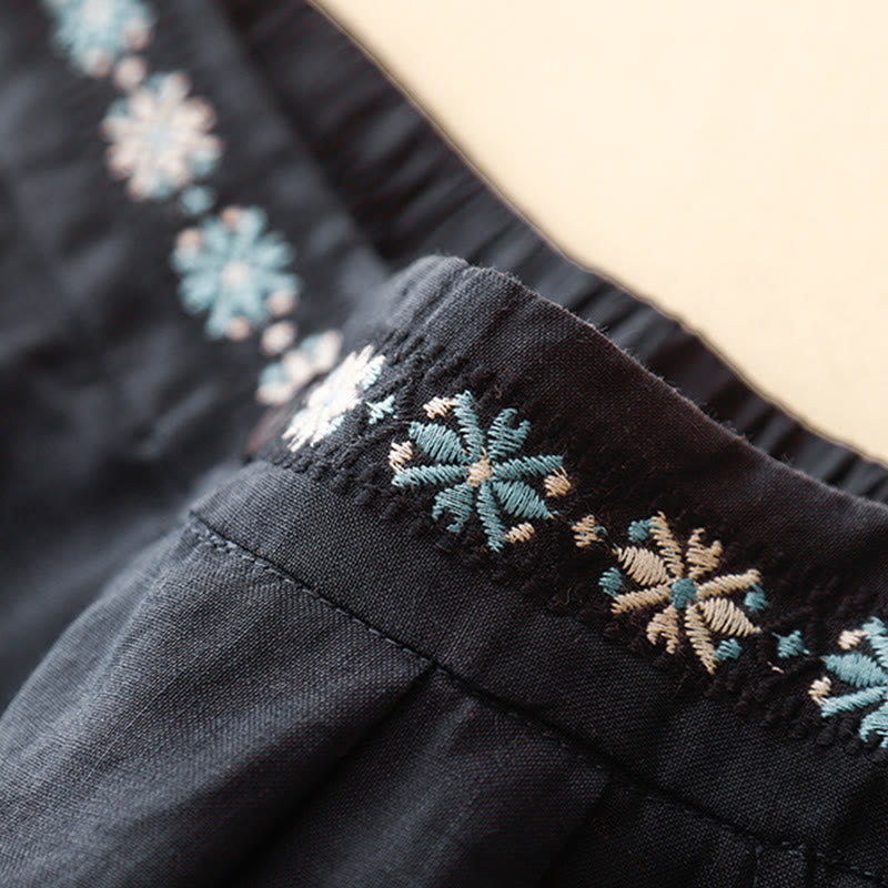 Pantalones cortos de lino y algodón con bolsillos para mujer, informales , de verano, con bordado floral, plisados, con cremallera y botones