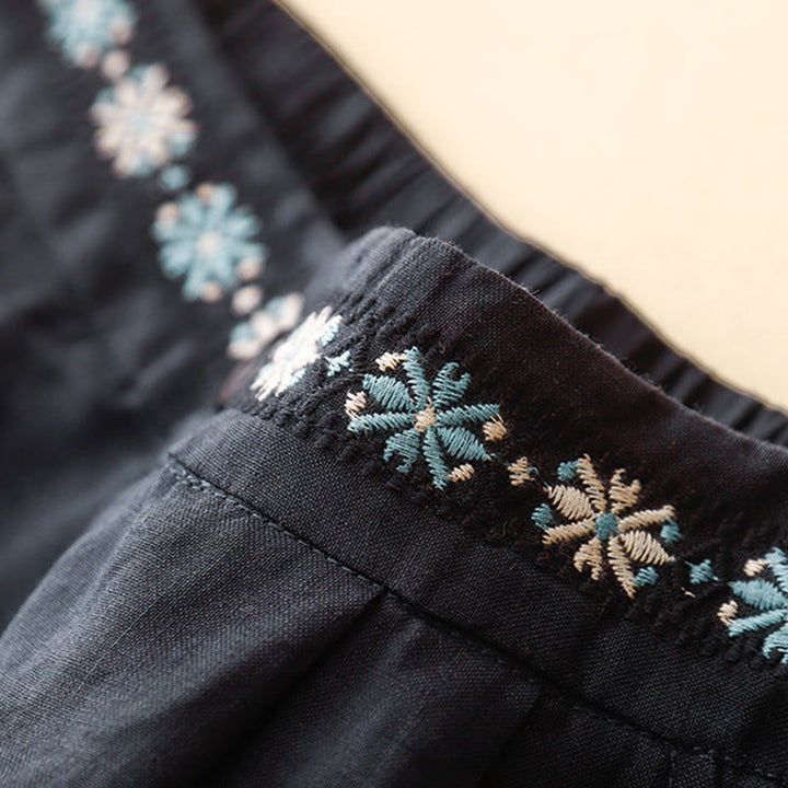 Pantalones cortos de lino y algodón con bolsillos para mujer, informales , de verano, con bordado floral, plisados, con cremallera y botones