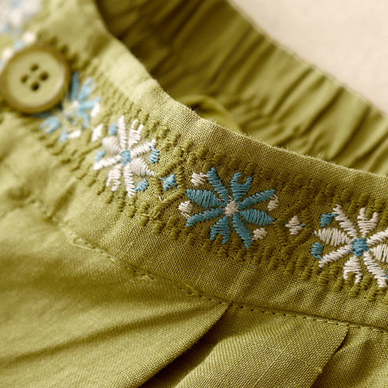 Pantalones cortos de lino y algodón con bolsillos para mujer, informales , de verano, con bordado floral, plisados, con cremallera y botones